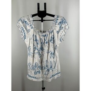 Lauren Michelle XL White Blue Embroidered Peasant Blouse Ruffle Scoop Neck Top
